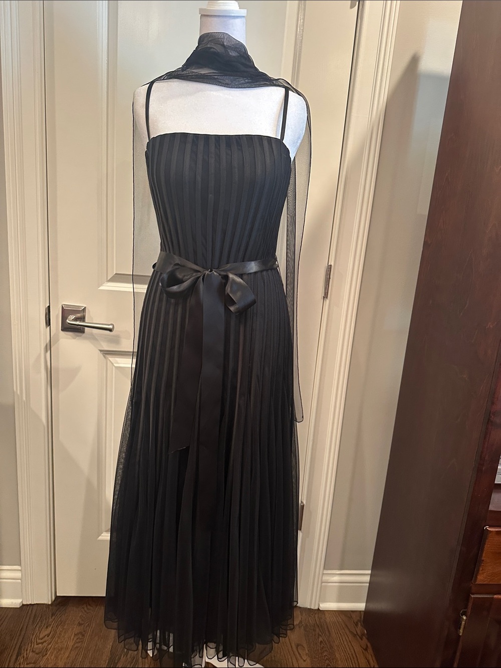 JS Collections Black Pleated Spaghetti-Strap Maxi Dress